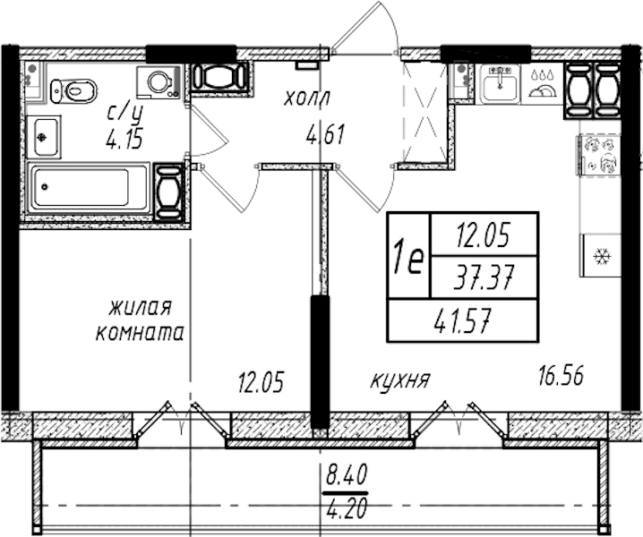 1-комнатная квартира 41.57 м², 17/25 эт., ЖК «Северная Долина»